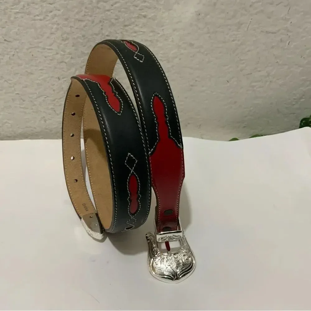 New Justin Black Red white stitches leather Belt unisex Size 32